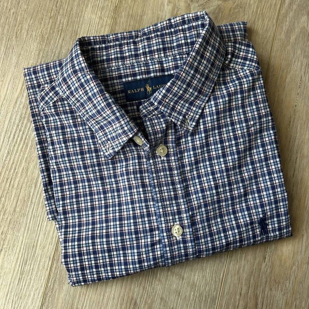 Ralph Lauren Shirt Youth Large Blue Embroidered PonyCasual Button Up Blue Plaid
